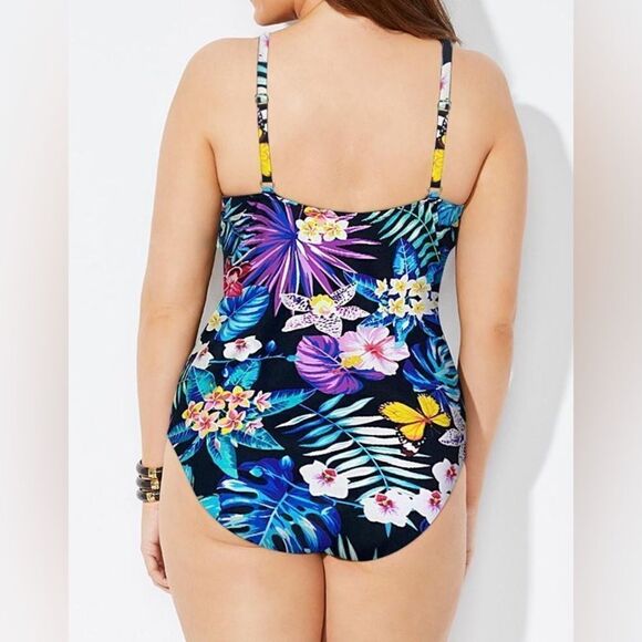 NWT- FullFitAll- Flower Ruched Twist Front One Piece Swimsuit Plus Size, Size 24 - Picture 8 of 11